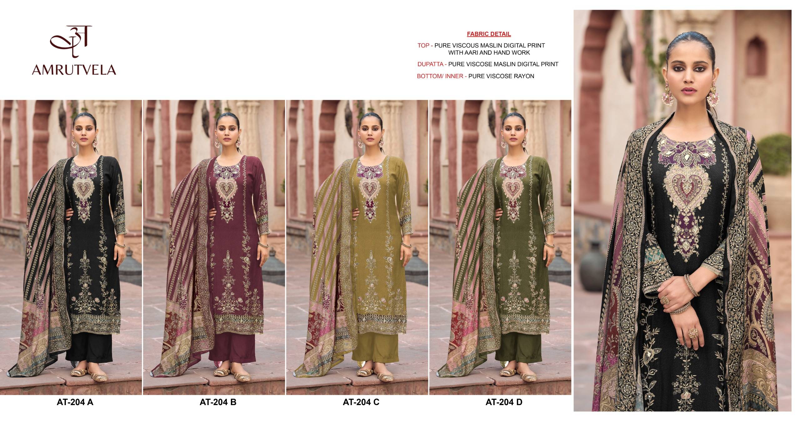 AT204 Series By AMRUTVELA Pakistani Suits Colorful Ethnic Wear Pure viscous Maslin Readymade Dresses At Wholesale